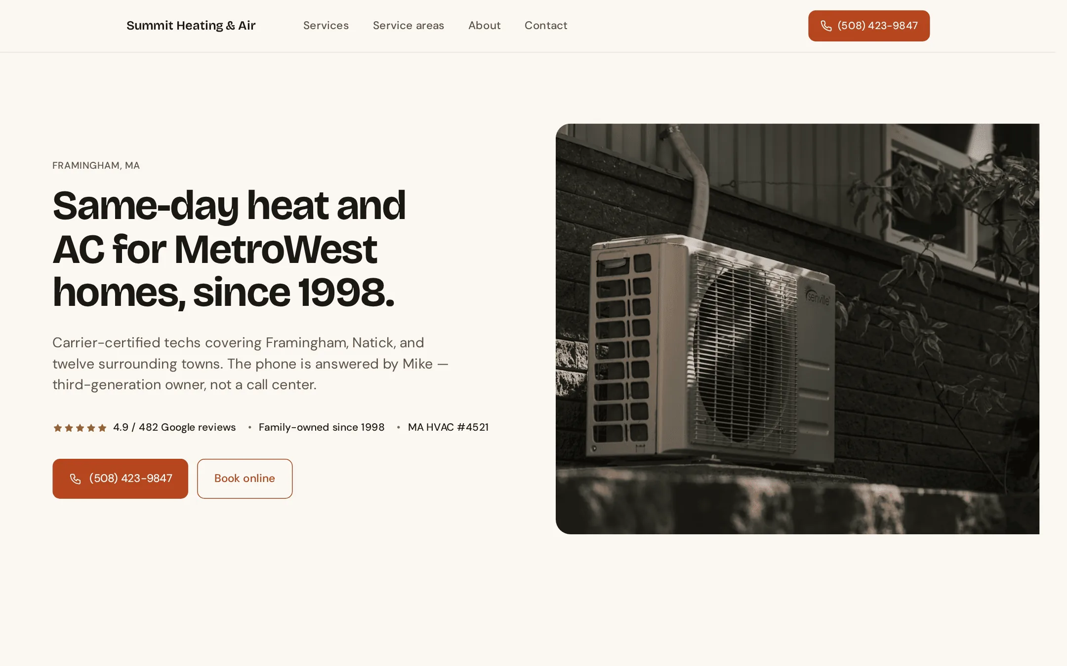 Screenshot of summit-hvac.convertsprout.com — the homepage of a ConvertSprout-built site for an HVAC business in MetroWest, MA